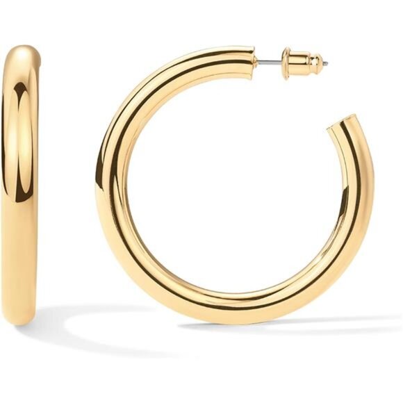 14K Gold Plated Lightweight Chunky OpenHoops for Women|Trendy Gold Hoop Earrings - Picture 1 of 7